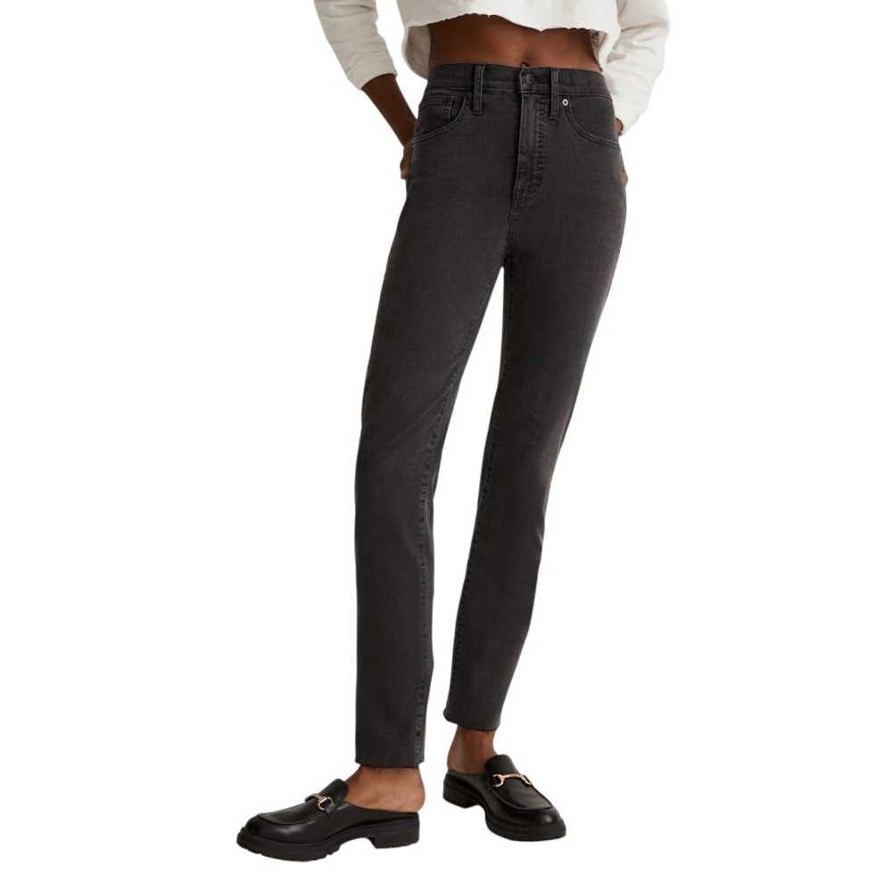 Madewell Stovepipe Black Jeans 29 Banberry Wash Raw Hem High Rise Straight Leg